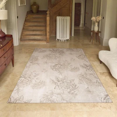 Hug Rug Muted Floral Beige Eco-Washable Rug