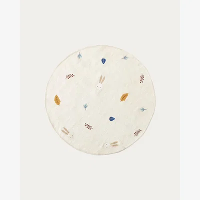 Kave Home Yanil white wool and cotton round rug with multicoloured leaf embroidery, Ø 120 cm