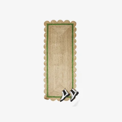 Oliver Bonas Scalloped Jute Green Border Runner Rug 200x80cm