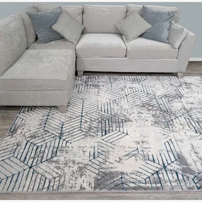 The Range Blue Grey Distressed Abstract Geometric Motif Area Rug - Grey Blue / 110 x 60cm