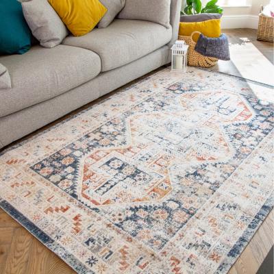 The Range Terracotta Blue Oriental Bordered Zero Pile Distressed Rug - Navy Blue / 280 x 190cm