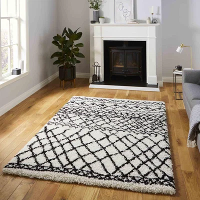 The Range High Density Soft White and Black Scandi Shaggy Rug - White and Black / 80cm