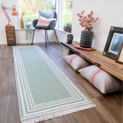The Range Light Green Stripe Bordered Recycled Cotton Reversible Fringed Rug - Green / 240 x 60cm