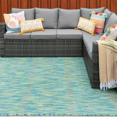 The Range Blue Green Durable Soft Plastic Mottled Flatweave Indoor Outdoor Area Rug - Sea Green / 170 x 120cm
