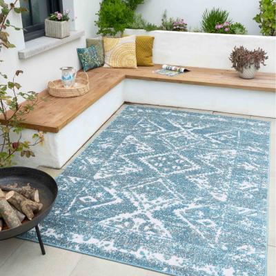 The Range Blue Textured Bordered Geometric Weatherproof Durable Indoor Outdoor Area Rug - Blue / 150 x 80cm