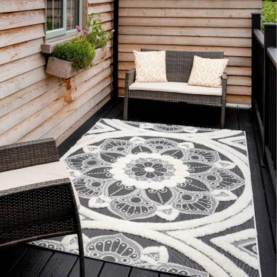 The Range Dark Grey Beige Mandala Floral Textured Flatweave Indoor Outdoor Rug - Charcoal Grey / 150 x 80cm