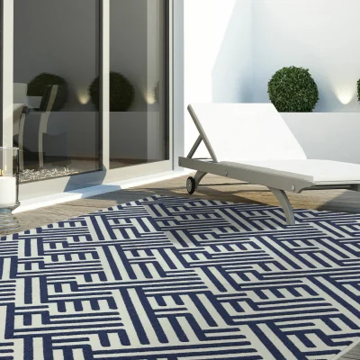 The Range Blue White Linear Washable Indoor Outdoor Antibes Area Rug - Blue / 120 x 170cm