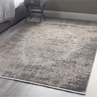 The Range Distressed Grey  Blue Silk Feel Medallion Rug - Grey / 120cm