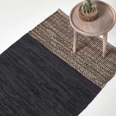 The Range Homescapes Recycled Leather Handwoven Herringbone Rug - Black / 240cm