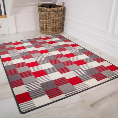 The Range Red Grey Geometric Block Striped Non Slip Washable Kitchen Utility Mat - Red / 160 x 120cm