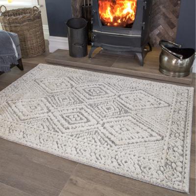 The Range Grey White Bordered Diamond Geometric Soft Scandi Shaggy Area Rug - Grey / 240 x 330cm