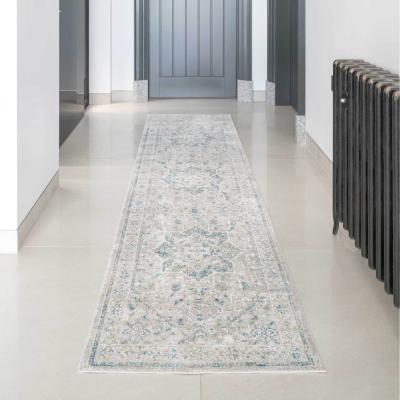 The Range Grey Blue Bordered Floral Medallion Living Area Rug - Blue / 240 x 70cm