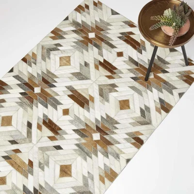 The Range Homescapes Cream Brown Geometric Leather Rug - Brown