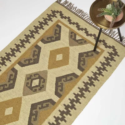 The Range Ravar Brown and Gold Kilim Wool Rug - Brown/Natural