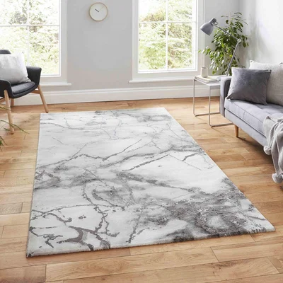The Range Luxurious Ivory and Silver Marble Pattern Area Rug - Silver / 120cm