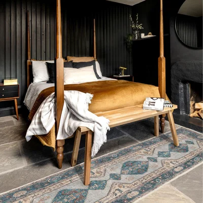 The Range Teal Blue Distressed Bordered Medallion Persian Non Slip Washable Area Rug - Teal Blue / 240 x 60cm