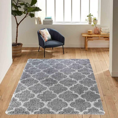 The Range Moroccan Berber Shaggy Rugs Living Room Trellis Design - Grey / 150cm