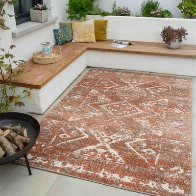 The Range Orange Terracotta White Bordered Geometric Weatherproof Indoor Outdoor Area Rug - Terracotta / 290 x 200cm