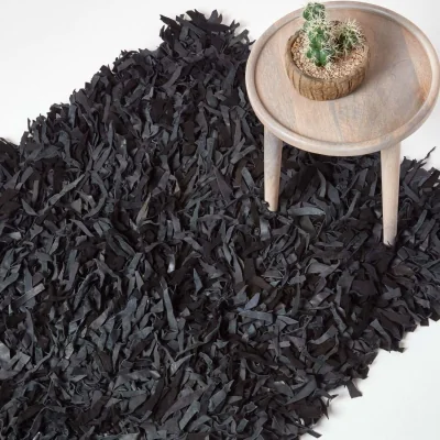 The Range Dallas Leather Shaggy Rug - Black / 244cm