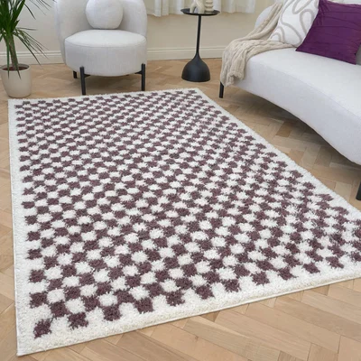 The Range The Rugs Moodi Checkerboard Design Patterned Shaggy Rug - Purple / 230cm