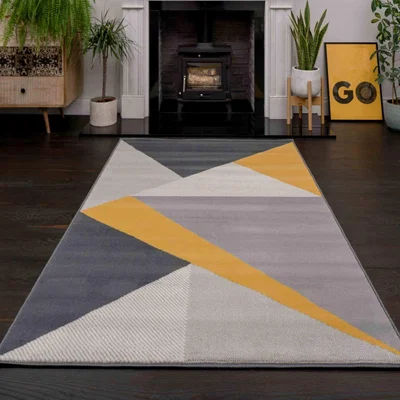 The Range Yellow Ochre Grey Geometric Living Room Rug - Ochre / 330 x 240cm