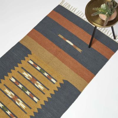 The Range Lundi Orange Blue Kilim Cotton and Jute Rug - Blue/Orange / 180cm