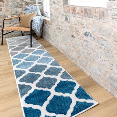 The Range Navy Blue Trellis Geometric Carved Bedroom Living Area Rug - Blue Grey / 240 x 60cm
