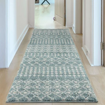 The Range The Rugs Berber Moroccan Design Patterned Shaggy Runner - Duck Egg Blue / 300cm