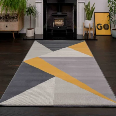 The Range Yellow Ochre Grey Geometric Living Room Rug - Ochre / 150 x 80cm