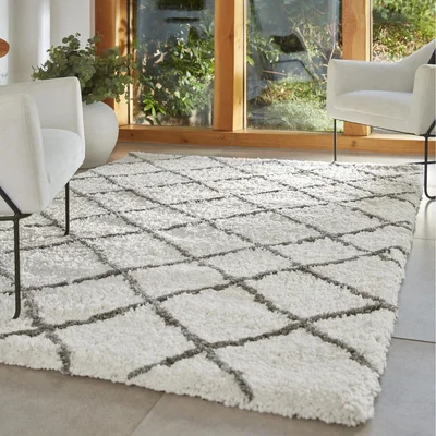 The Range White and Grey Diamond Microfibre Shaggy Rug - White and Grey