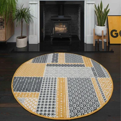 The Range Yellow Ochre Grey Floral Patchwork Living Room Rug - Ochre / 120 x 120cm