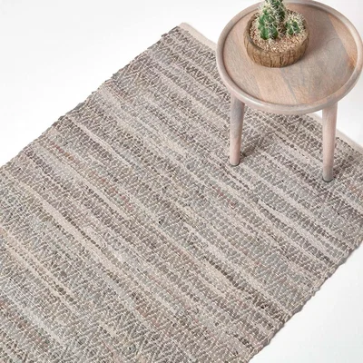 The Range Homescapes Real Leather Handwoven Diamond Pattern Rug - Grey / 150cm