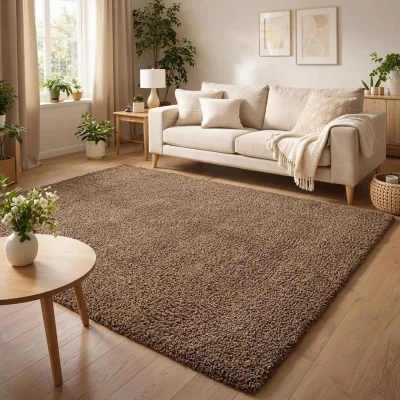 The Range Ainsley Plain Living Room Shaggy Area Rug Modern Soft Pile Polyester Rug - Brown / 290cm
