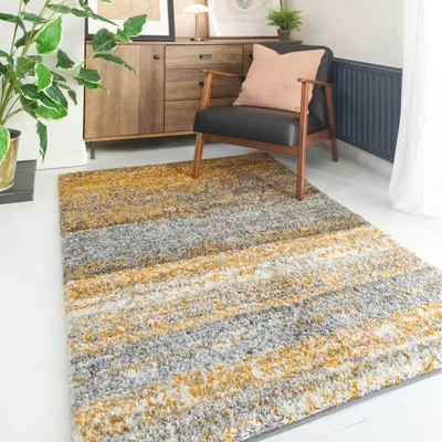 The Range Super Soft Yellow Grey Mottled Striped Shaggy Area Rug - Ochre / 150cm x 80cm