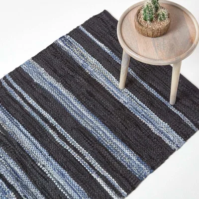 The Range Homescapes Texas Leather Denim Woven Striped Blue Rug - Denim Blue / 150cm