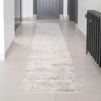 The Range Grey Gold Distressed Aztec Motif Living Area Rug - Greige / 240 x 70cm