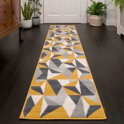 The Range Yellow Ochre Grey Kaleidoscope Geometric Living Room Rug - Ochre / 240 x 60cm