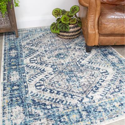 The Range Navy Blue Grey Bordered Geometric Distressed Living Area Rug - Navy Blue / 110 x 60cm