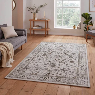 The Range Grey and Gold Bordered Traditional Rug - Grey Gold / 120cm