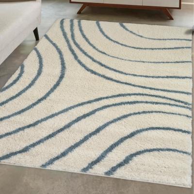 The Range Ivory Modern Geometric Deep Shaggy Living Room Rug - Brae - Blue
