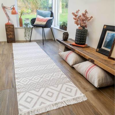 The Range Beige White Geometric Recycled Cotton Reversible Fringed Rug - Beige / 240 x 60cm