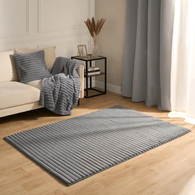 The Range Faux Fur Ribbed Anti-Slip Floor Mat Rug - Grey / 120cm