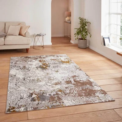 The Range Gold and Beige Designer Abstract Rug - Gold / 120cm