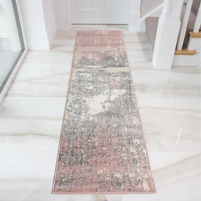 The Range Blush Pink Grey Distressed Abstract Living Room Rug - Blush Pink / 240 x 60cm