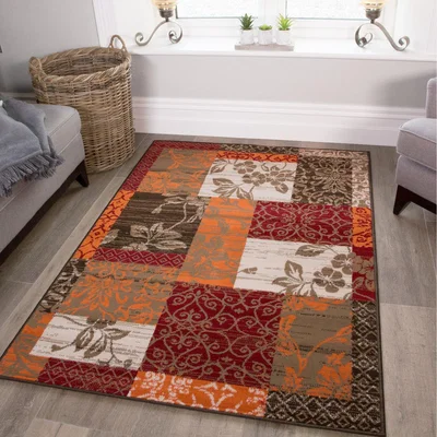 The Range Red Terracotta Brown Floral Patchwork Living Room Rug - Red / 150 x 80cm