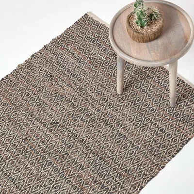 The Range Homescapes Real Leather Handwoven Diamond Pattern Rug - Brown / 200cm