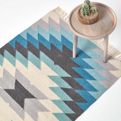 The Range Homescapes Helsinki Geometric Kilim Wool Rug - Blue / 150cm