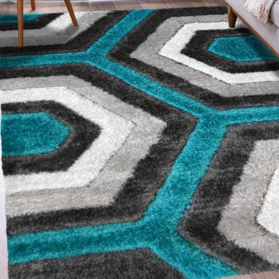 The Range Blue and Silver Geometric 4cm Deep Carved Shaggy Rug - Kasta - Blue / 230cm / 5kg