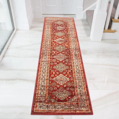 The Range Red Terracotta Bordered Traditional Medallion Living Room Rug - Red / 240 x 60cm