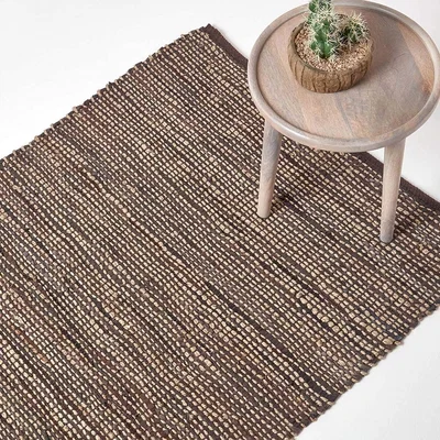 The Range Homescapes Madras Leather Hemp Rug - Brown / 152cm